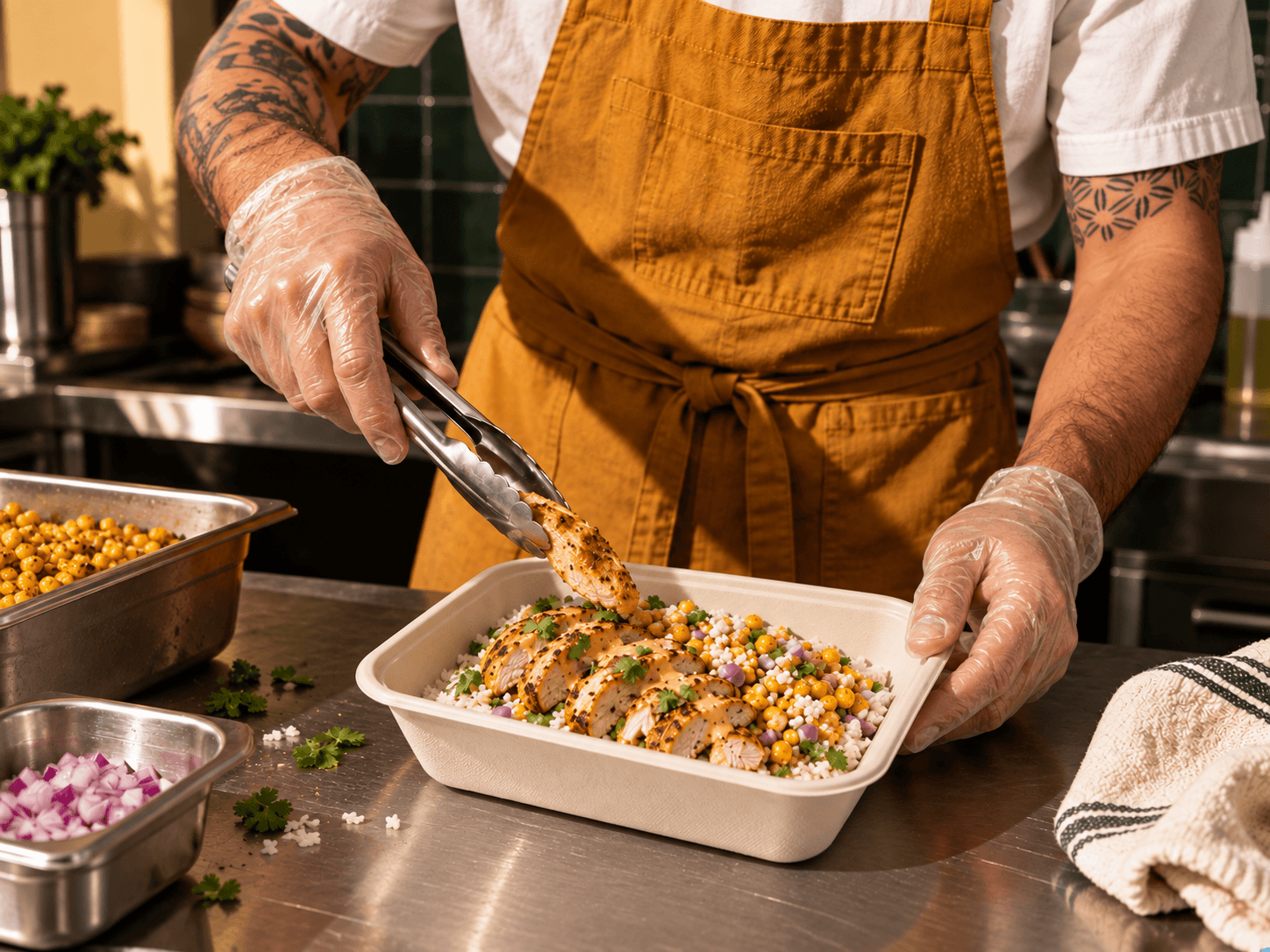 A chef preparing a fresh chicken and rice meal