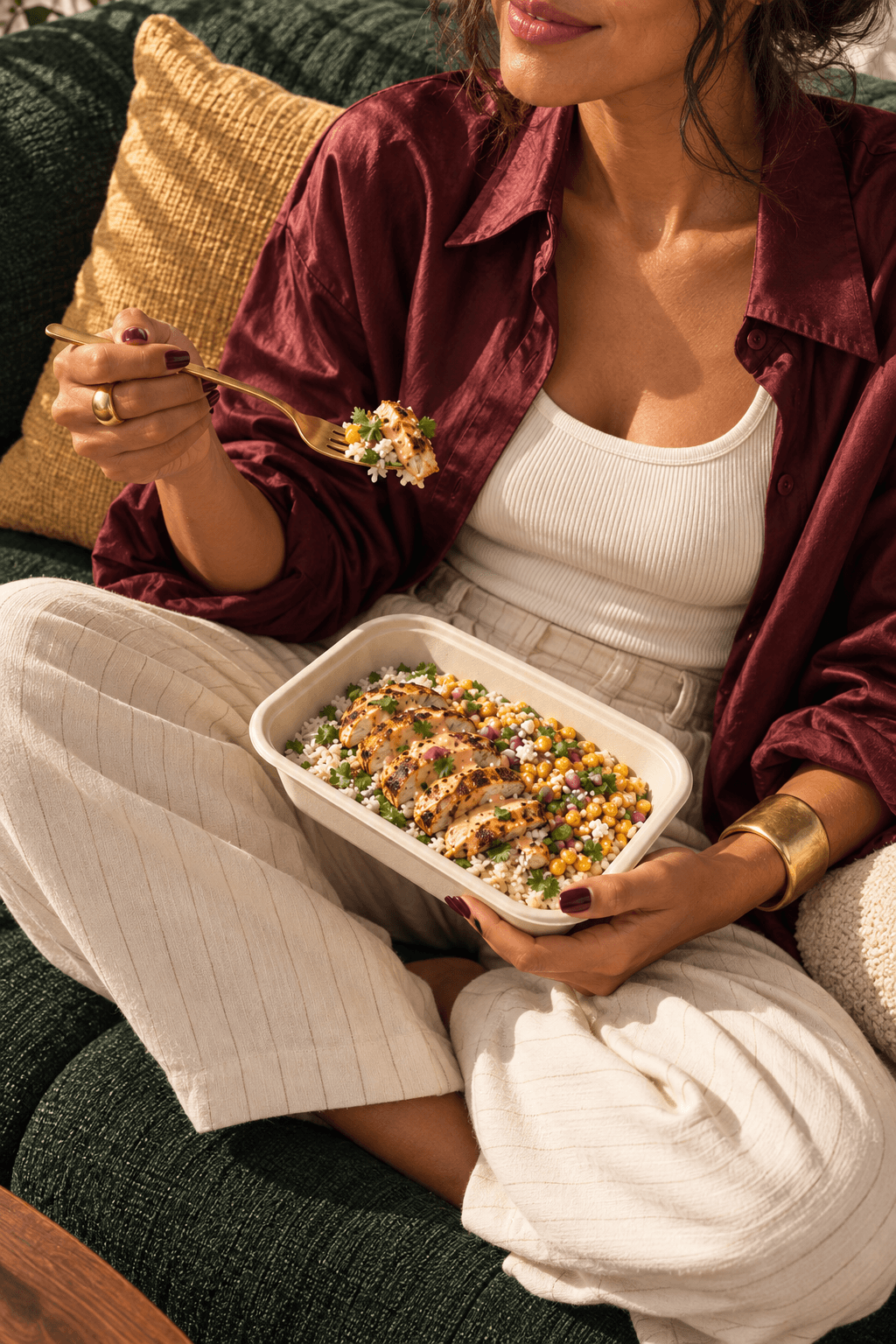 A woman in an oxblood silk shirt enjoying Street Corn Chicken and Rice on a green sofa